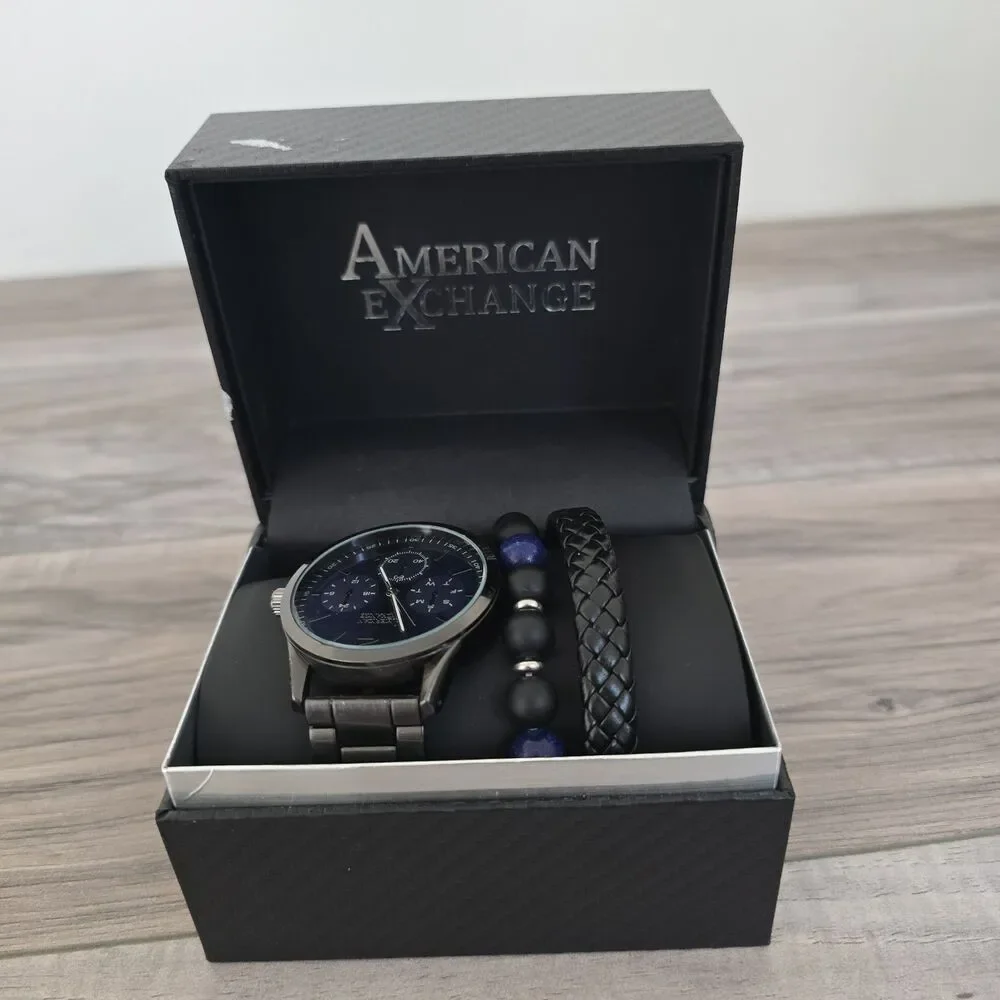 American Exchange Men's Gunmetal Tone Chronograph Watch & Stackable Bracelet Set